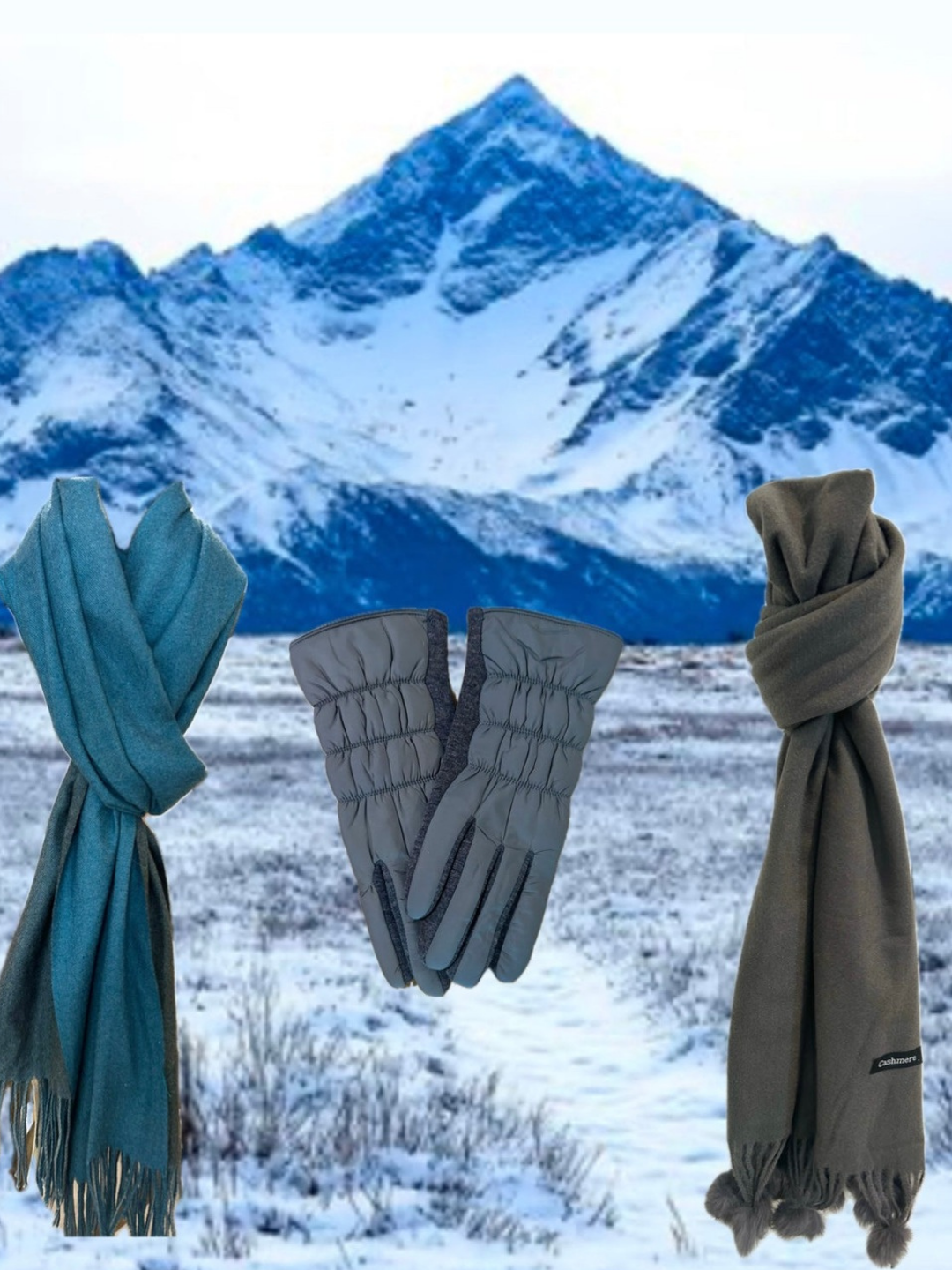 Grey Cashmere Scarf with Poms