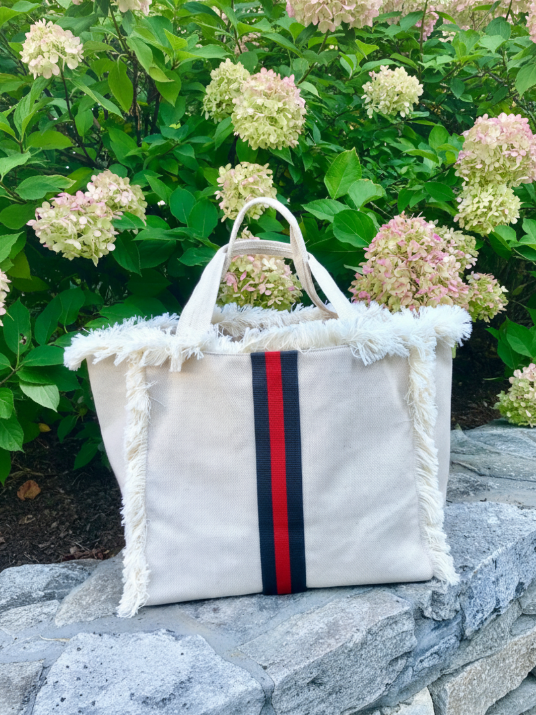 Canvas Fringe Tote | Olive & Red