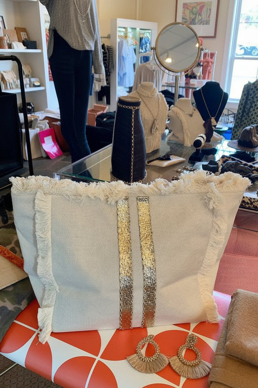 Canvas Fringe Tote - Gold Stripe