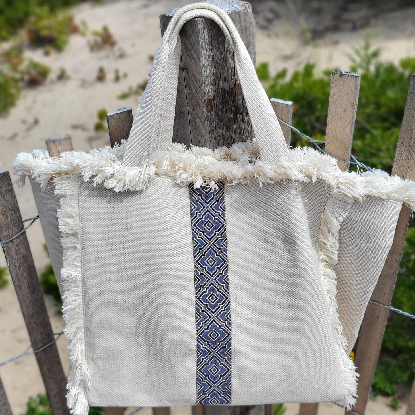 Canvas Fringe Tote - Blue & Gold Geometric Stripe