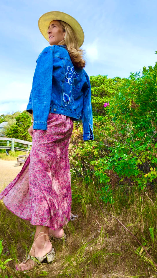 Denim - Navy & White Flower Appliqué Jean Jacket