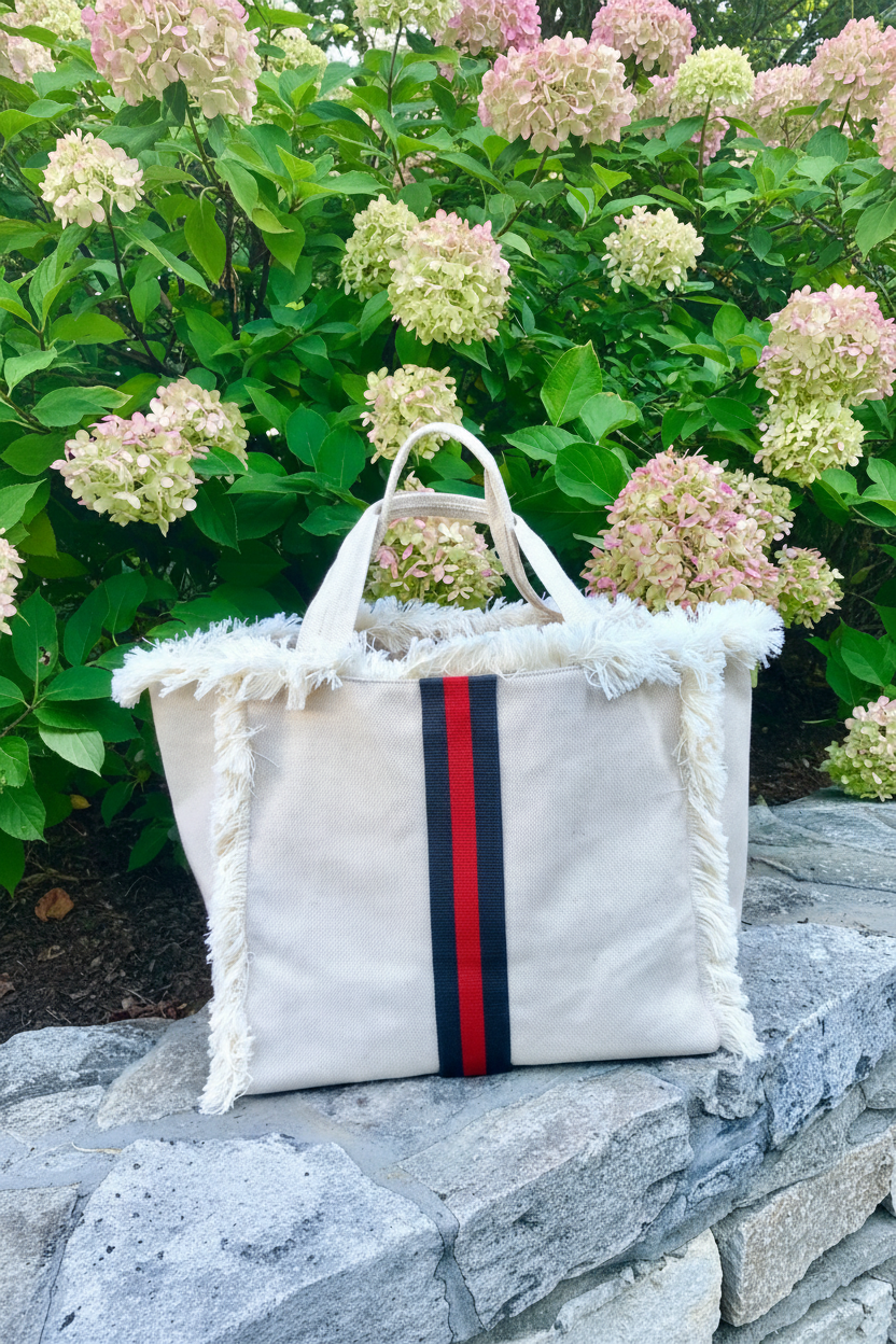 Canvas Fringe Tote | Olive & Red