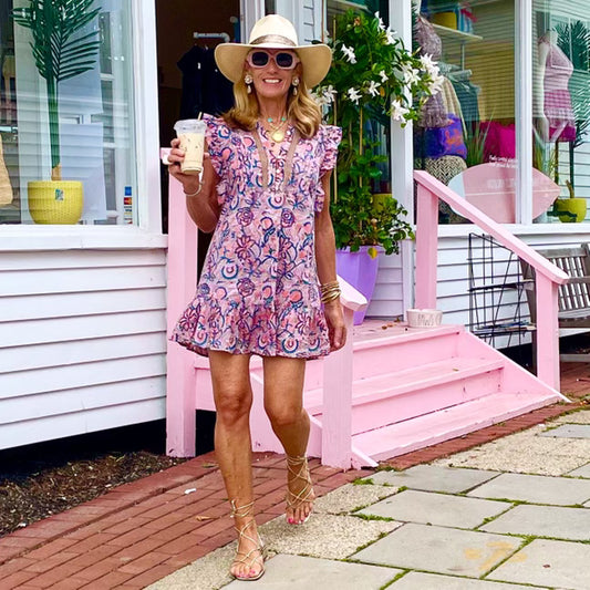 Front & Back Button Dress Pink Blue Floral