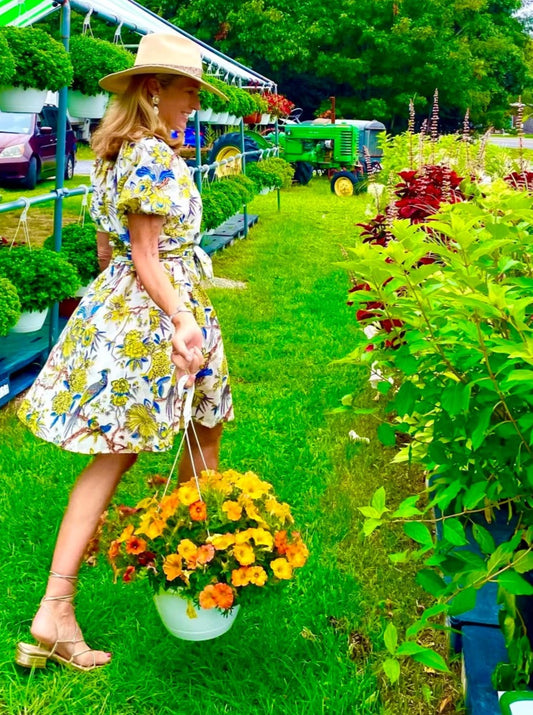 Yellow Blue Bird Dress - midi