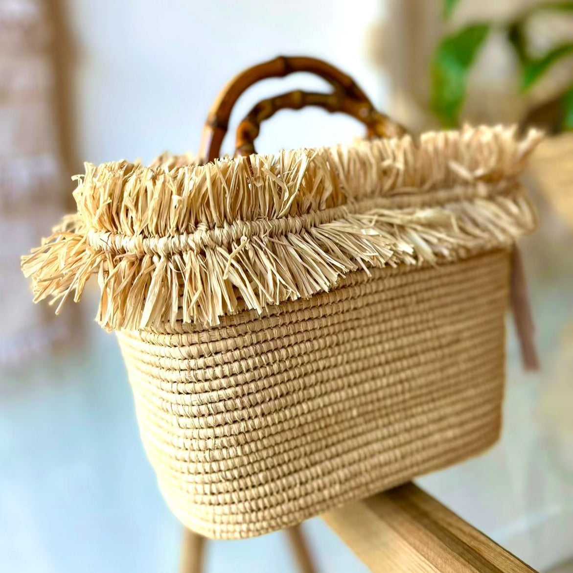 Raffia Fringe Bamboo Handle Clutch
