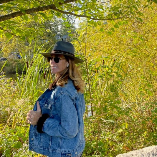 Steel Blue Hat with Brown Ticking Detail