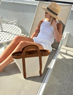 Load image into Gallery viewer, Tan Leather &amp; Linen Tote
