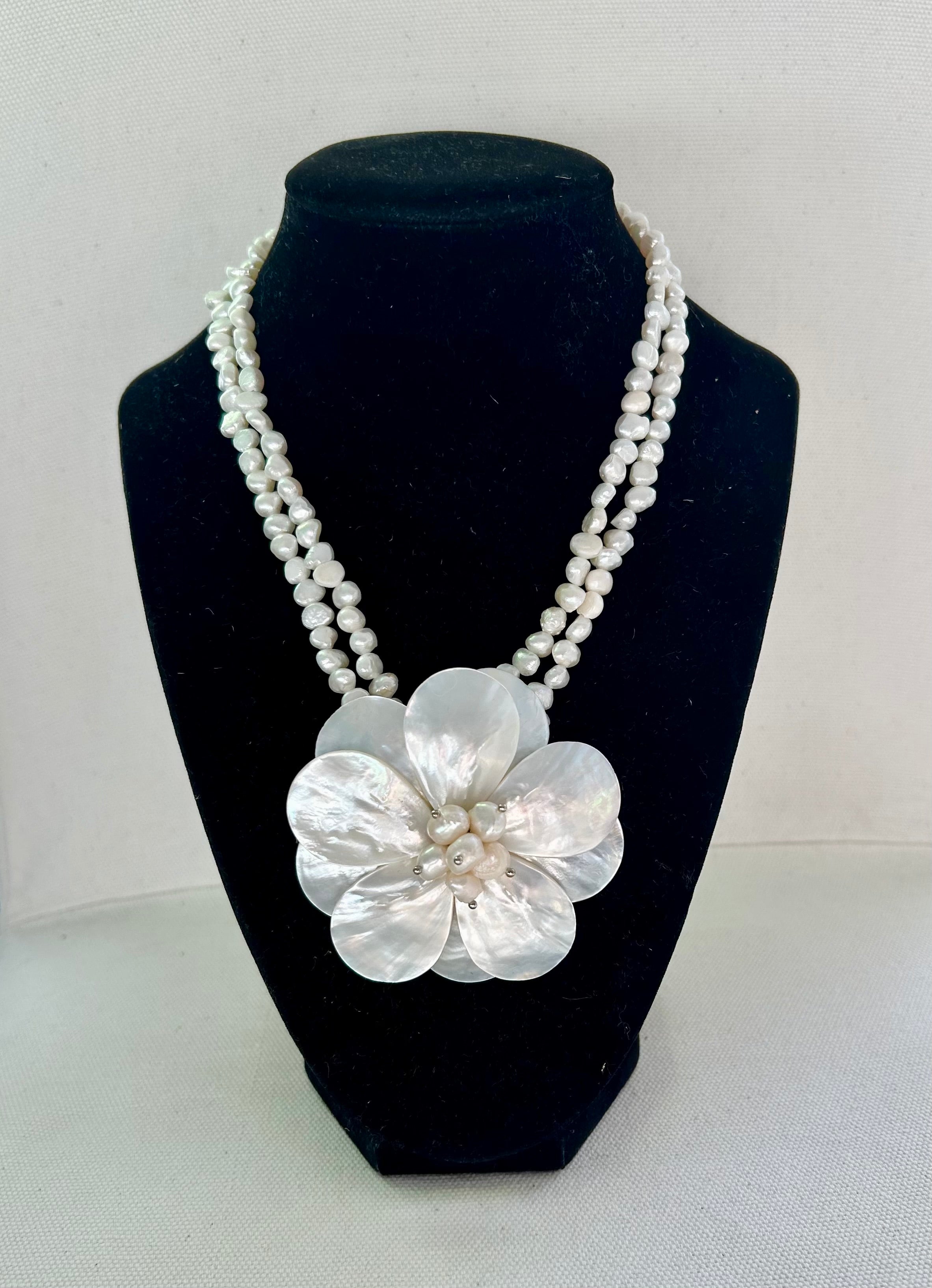 Mother of Pearl Flower and Pearl Necklace
