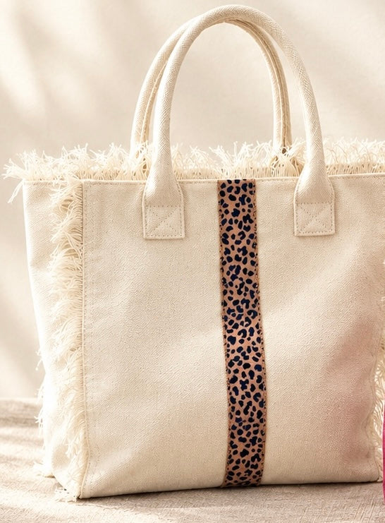 Canvas Fringe Tote with Leopard