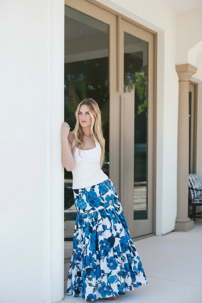 Blue White floral Long Skirt - Main Image