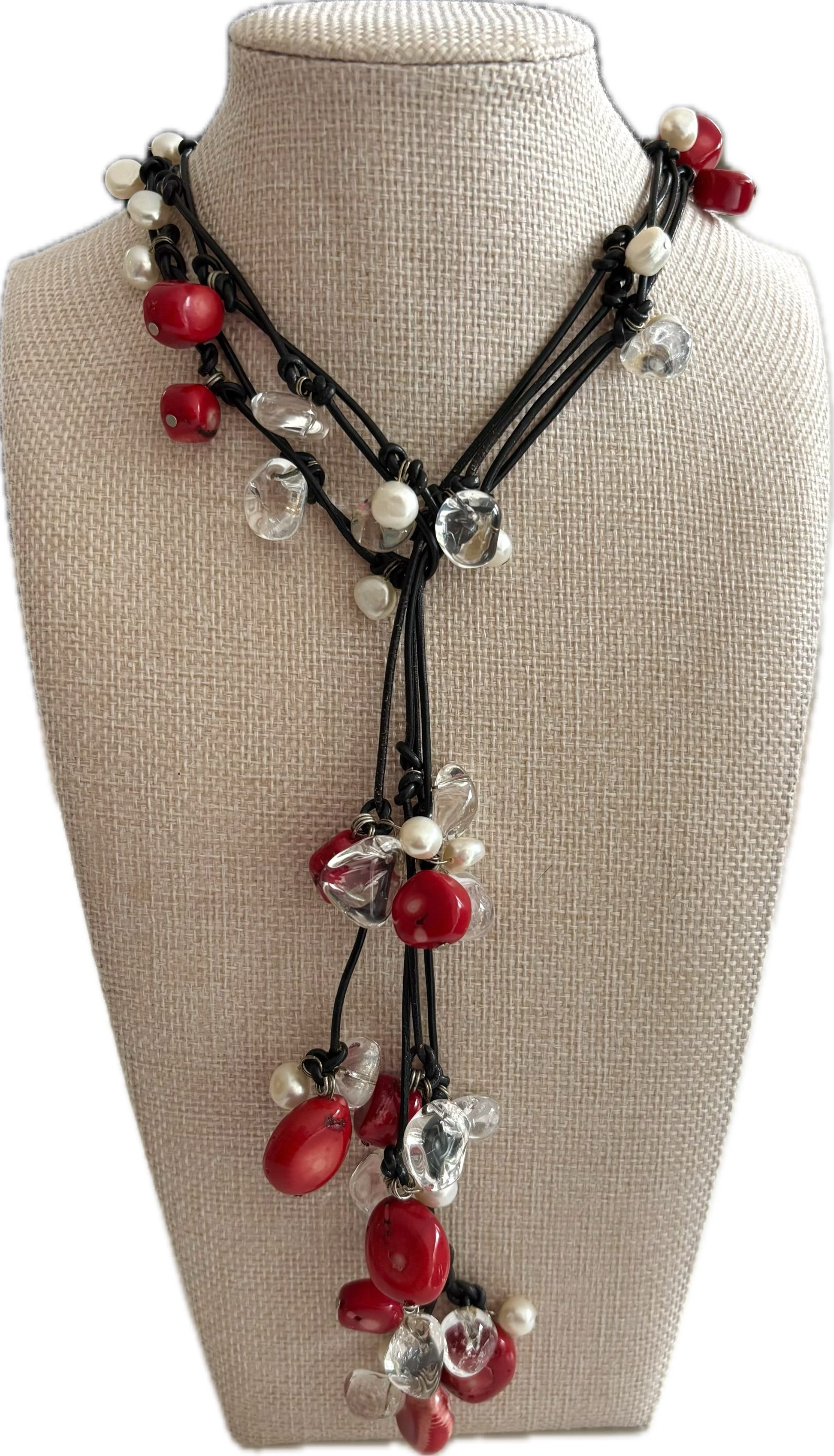 Pearl & Coral Leather Lariat