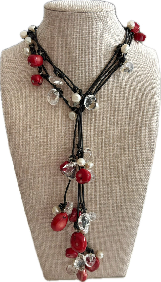 Pearl & Coral Leather Lariat