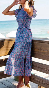 French Blue flower Ruffle Neck & Sleeve Maxi Dress
