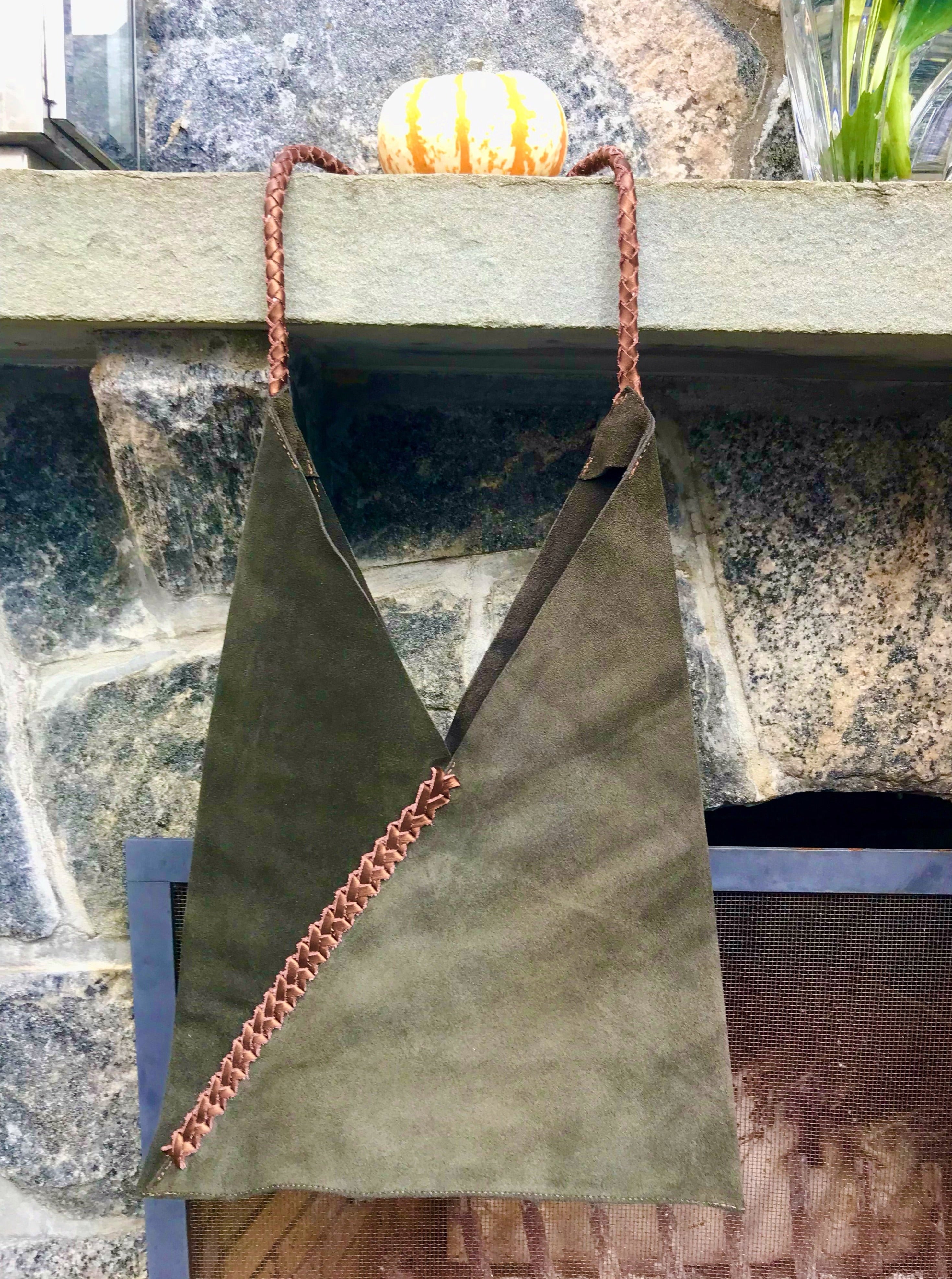 Olive Green Leather Bag with Copper Detail