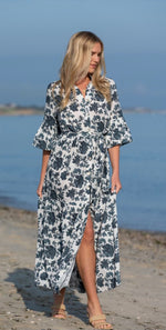 Load image into Gallery viewer, Blue &amp; White Floral Bell Sleeve Dress
