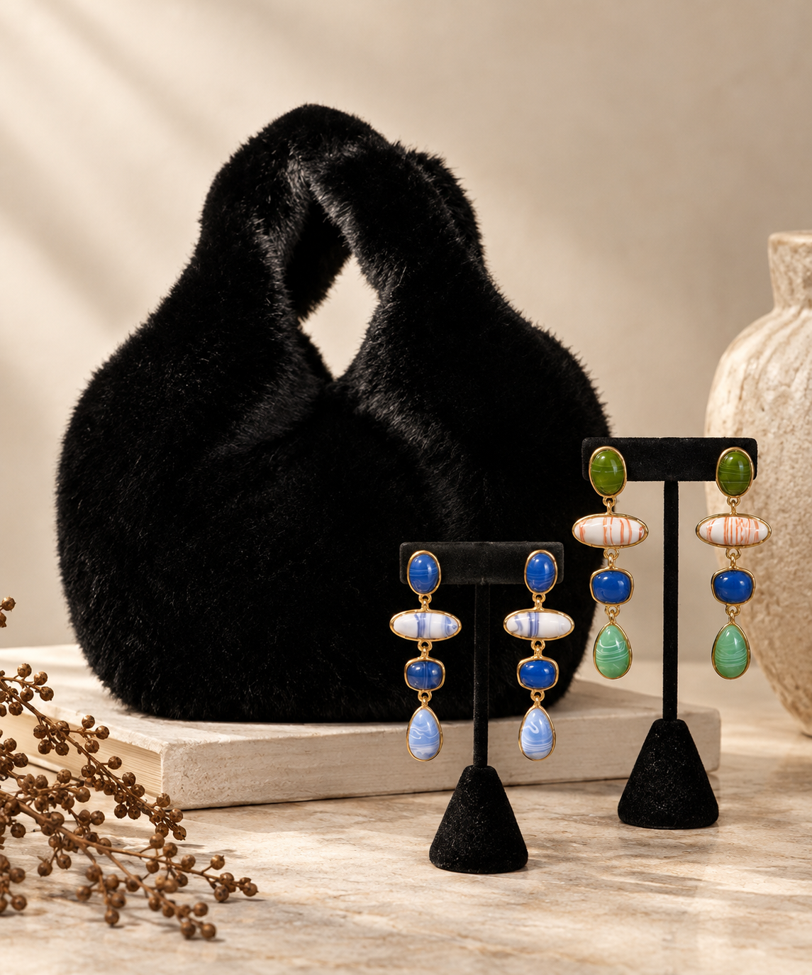 Earrings - multi stone drop - Blue