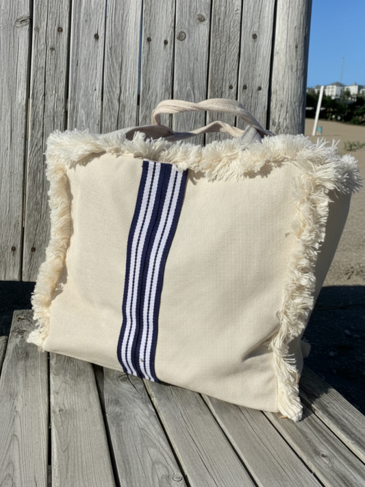 Canvas Fringe Tote | Navy & White Stripe