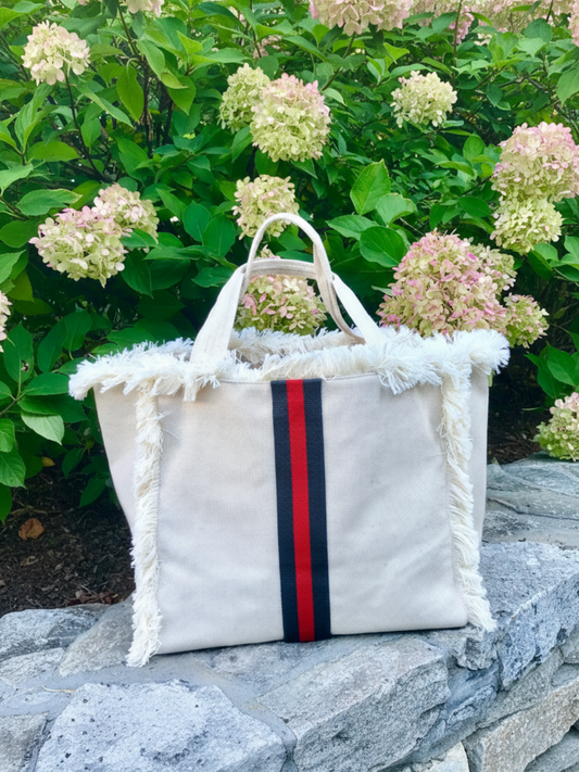 Canvas Fringe Tote | Olive & Red