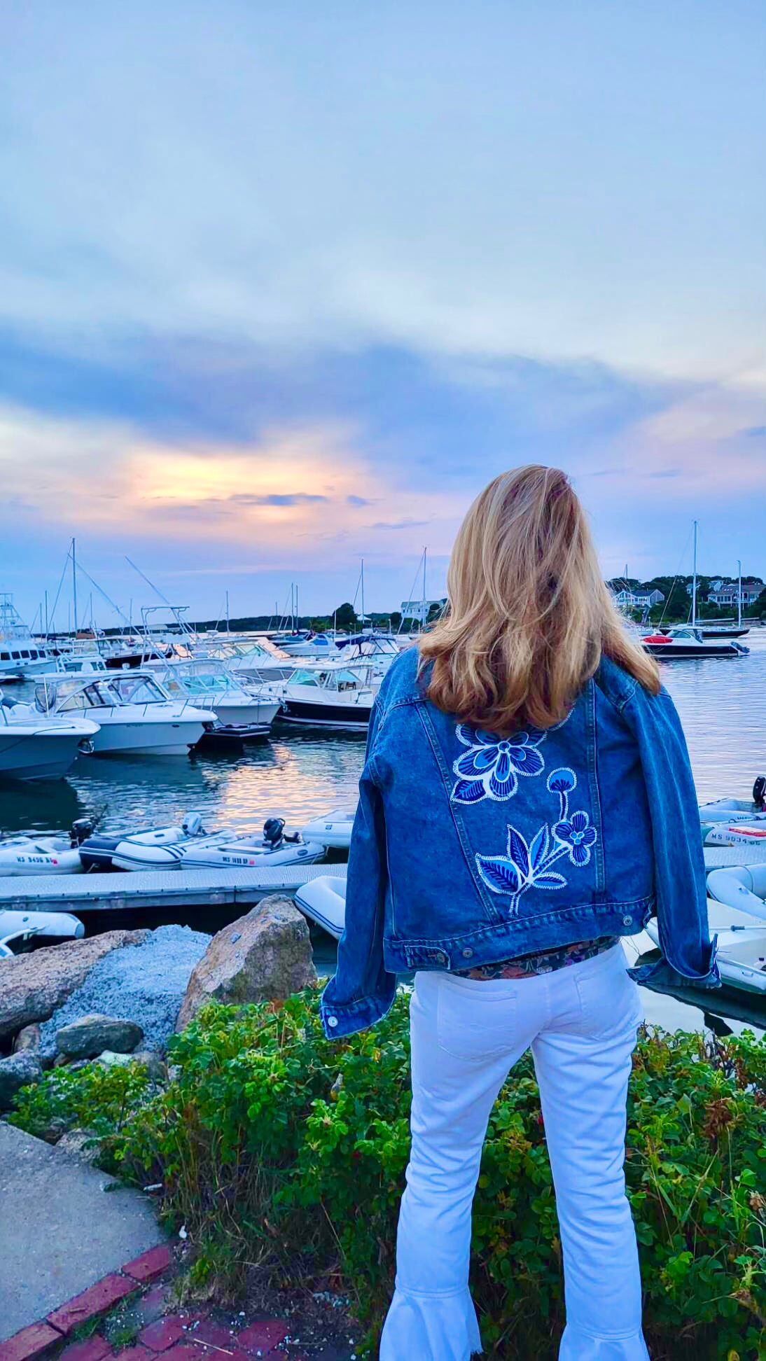 Denim - Navy & White Flower Appliqué Jean Jacket