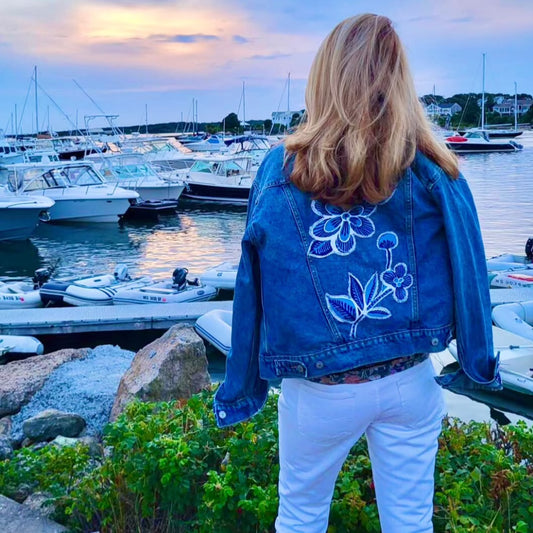 Floral Jean Jacket & Navy/Gold Tote