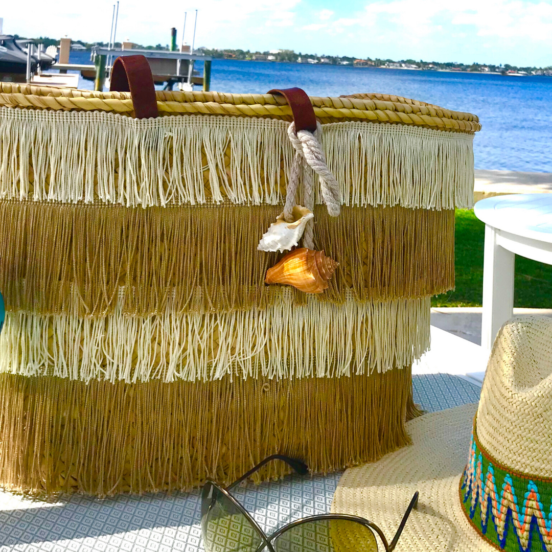 The Shimmy Straw Beach Basket | Tan & Ivory | Large