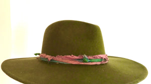 Loden Green Felt Hat with Emerald & Rose Silk detail - SALE