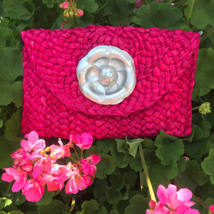Pink Clutch with Silver Lotus Flower
