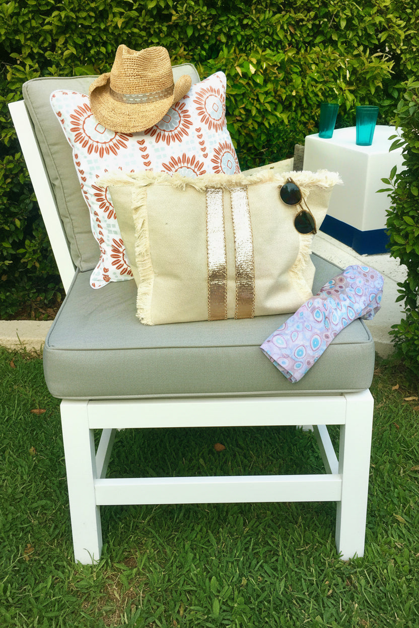 Canvas Fringe Tote - Gold Stripe