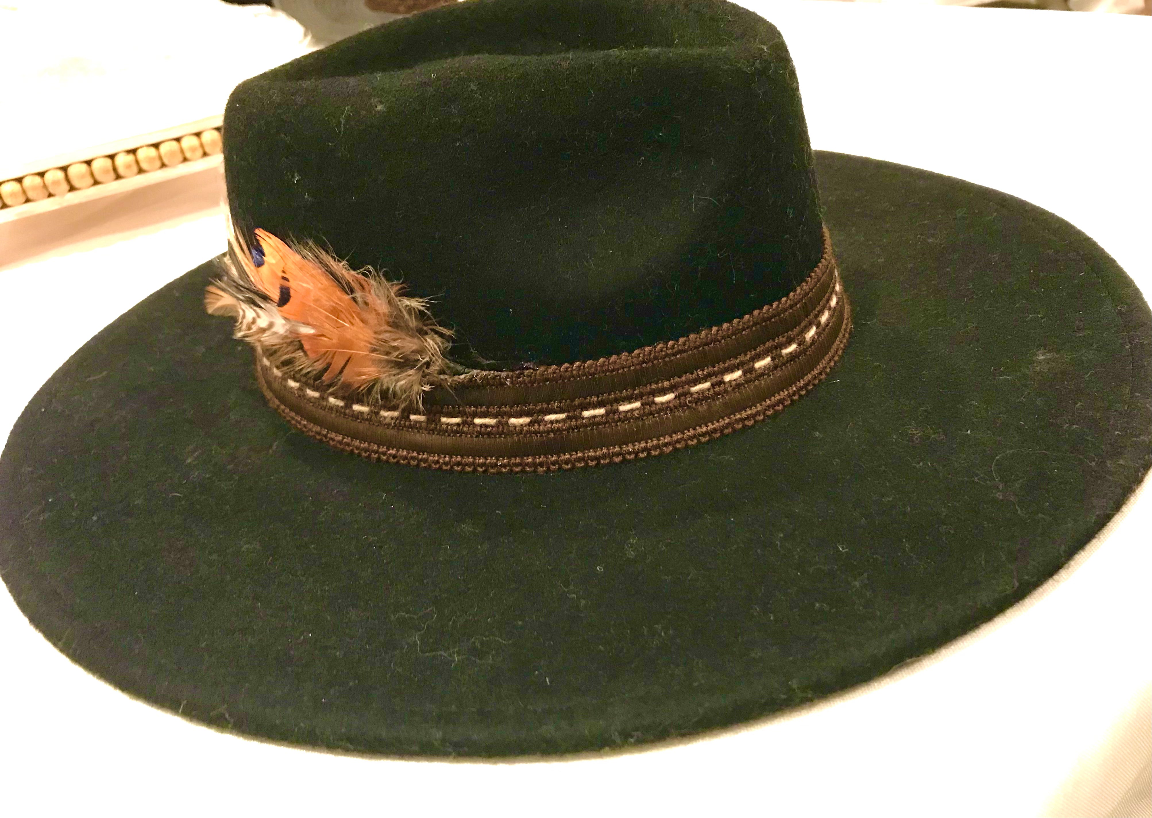 Black Felt Panama Hat with brown/beige detail and feather