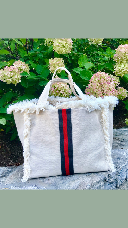 Canvas Fringe Tote | Olive & Red