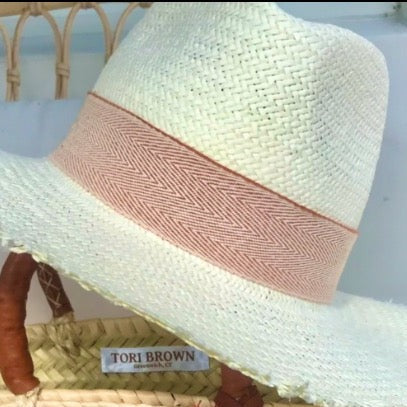 White Fringe Hat with Soft Brown & White Herringbone