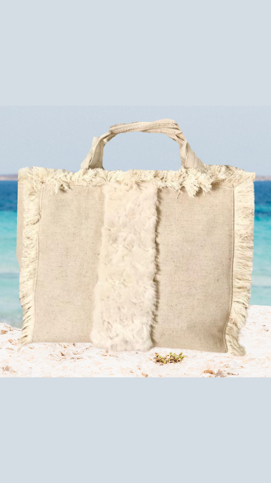 Canvas Fringe Tote |  White Fur