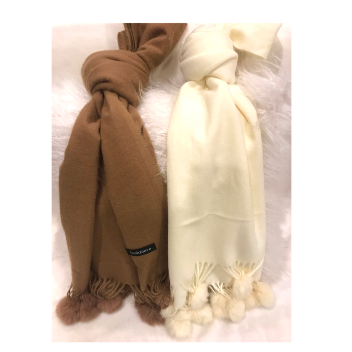 Cashmere Scarves/Wrap  with Fur Poms